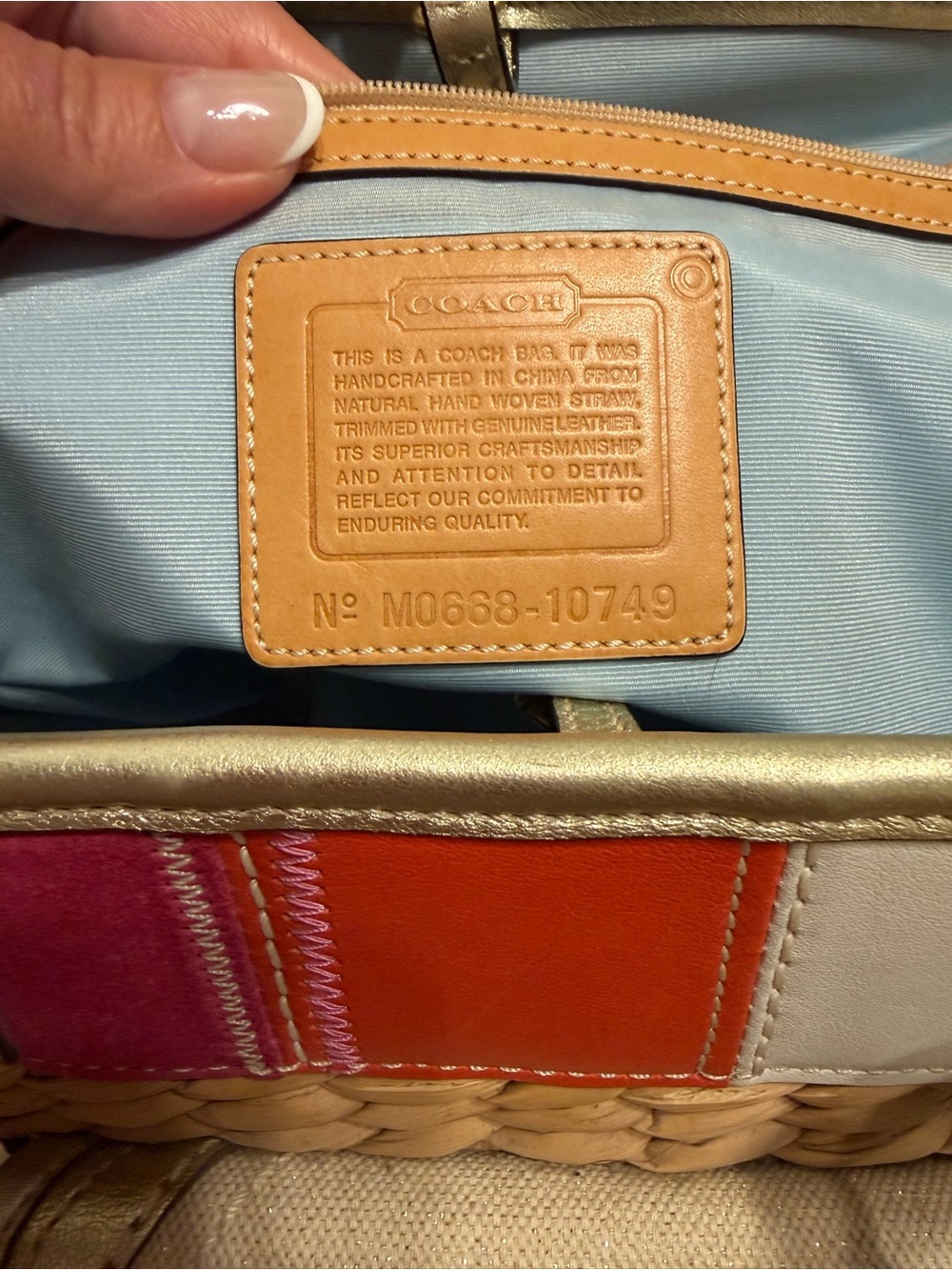 Coach Straw Tote with Multicolor Stripe and Gold Trim - Picture 10 of 13